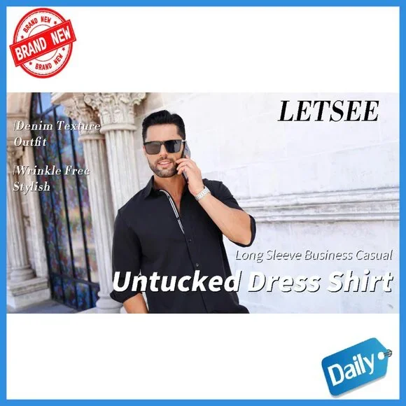 Men's Long Sleeve Button Down Shirt Wrinkle Free Business Casual Denim - Picture 7 of 8